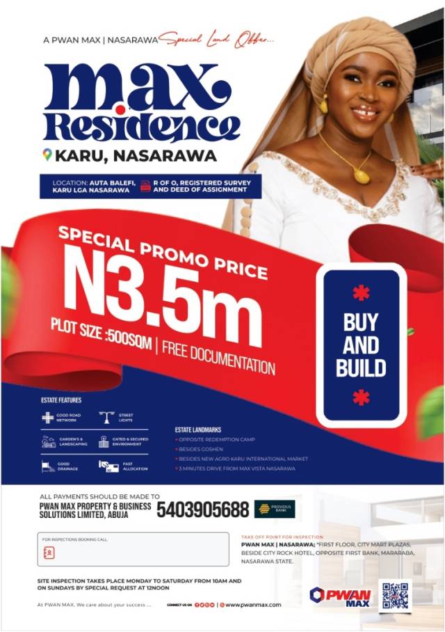 LAND FOR SALE AT MAX RESIDENCE,KARU - CALL 08064272254