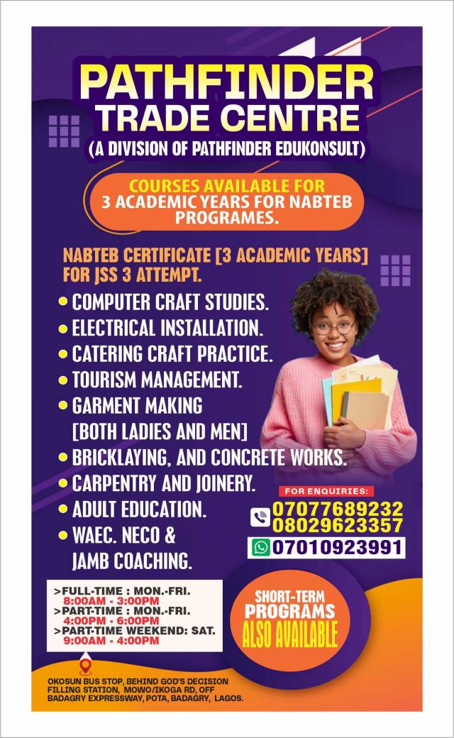 NABTEB PROGRAMMES AVAILABLE AT PATHFINDER TRADE CENTRE - CALL 07077689232
