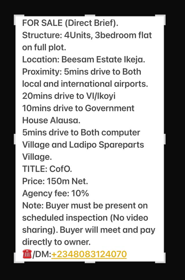 4 UNITS 3BEDROOM FLATS ON A PLOT AT IKEJA