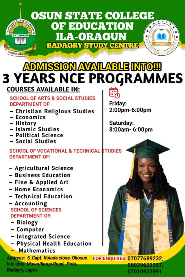 Enroll Now At Osun State College Of Education - CALL 08029623357