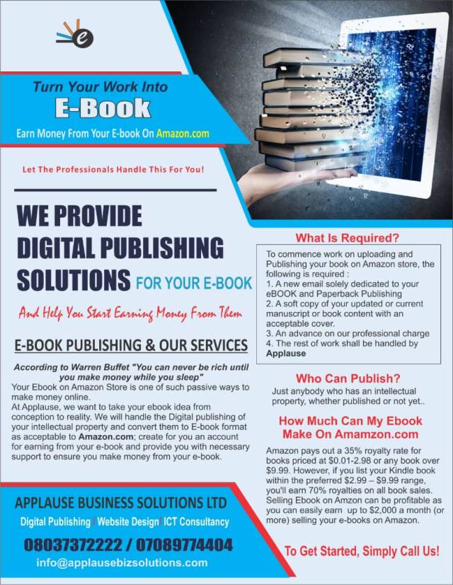 Earn Money From Your E-book On Amazon.com - Call 08037372222