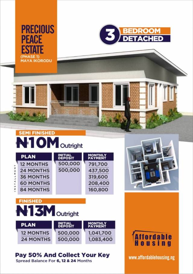 3 Bedroom Detached Apartment For Sale At Precious Peace Housing Estate