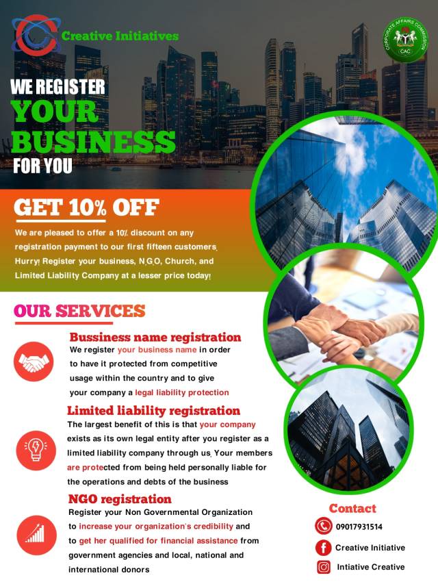 Register Your Business  At CREATIVE INITIATIVES - Call 09017931514